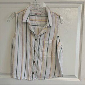 SO White Sleeveless Button-Up Top with Green and Yellow Stripes Cotton Large